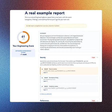 A real EngineeringScore report: score, category grades, and findings.